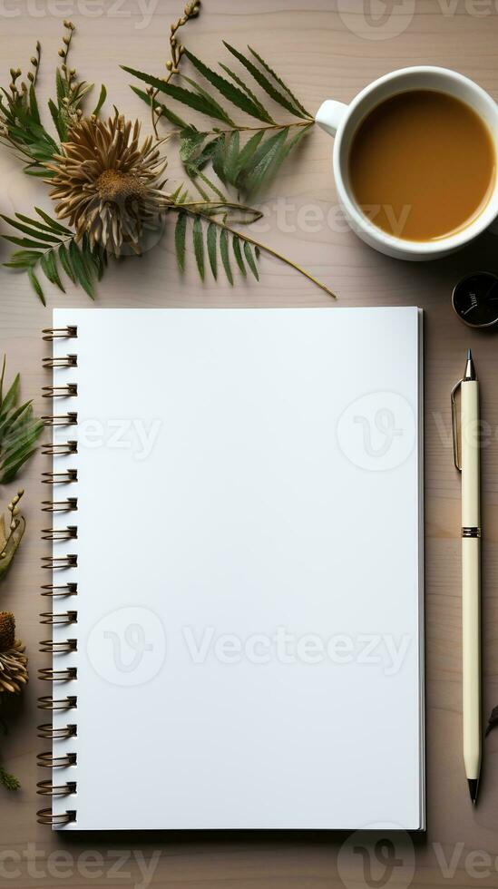 ai gerado topo Visão do em branco caderno, caneta, café copo luz fundo. criativo área de trabalho escritório. o negócio conceito. criada com generativo ai foto