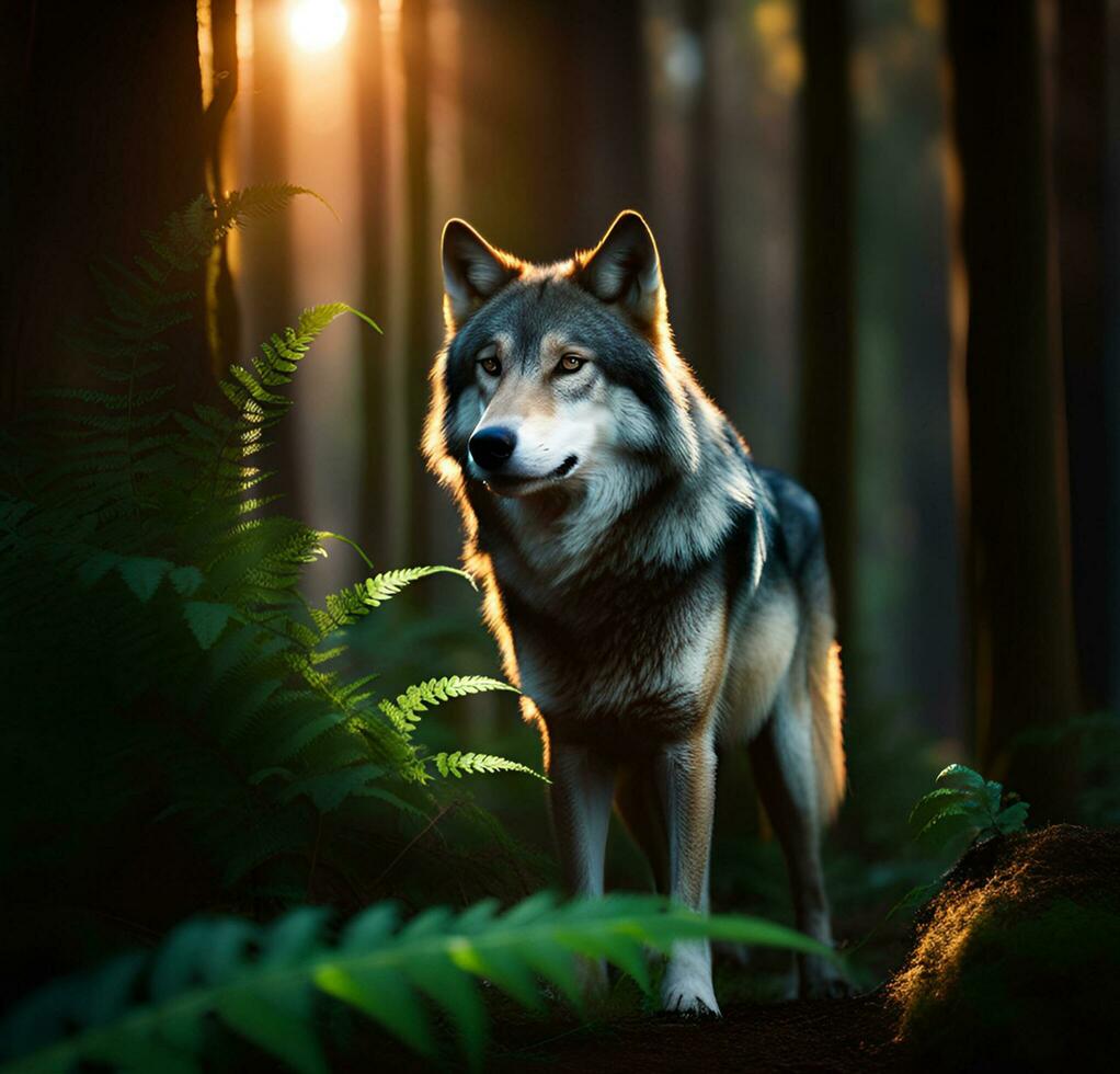 ai gerado retrato do uma Lobo entre samambaias dentro a floresta às pôr do sol. foto