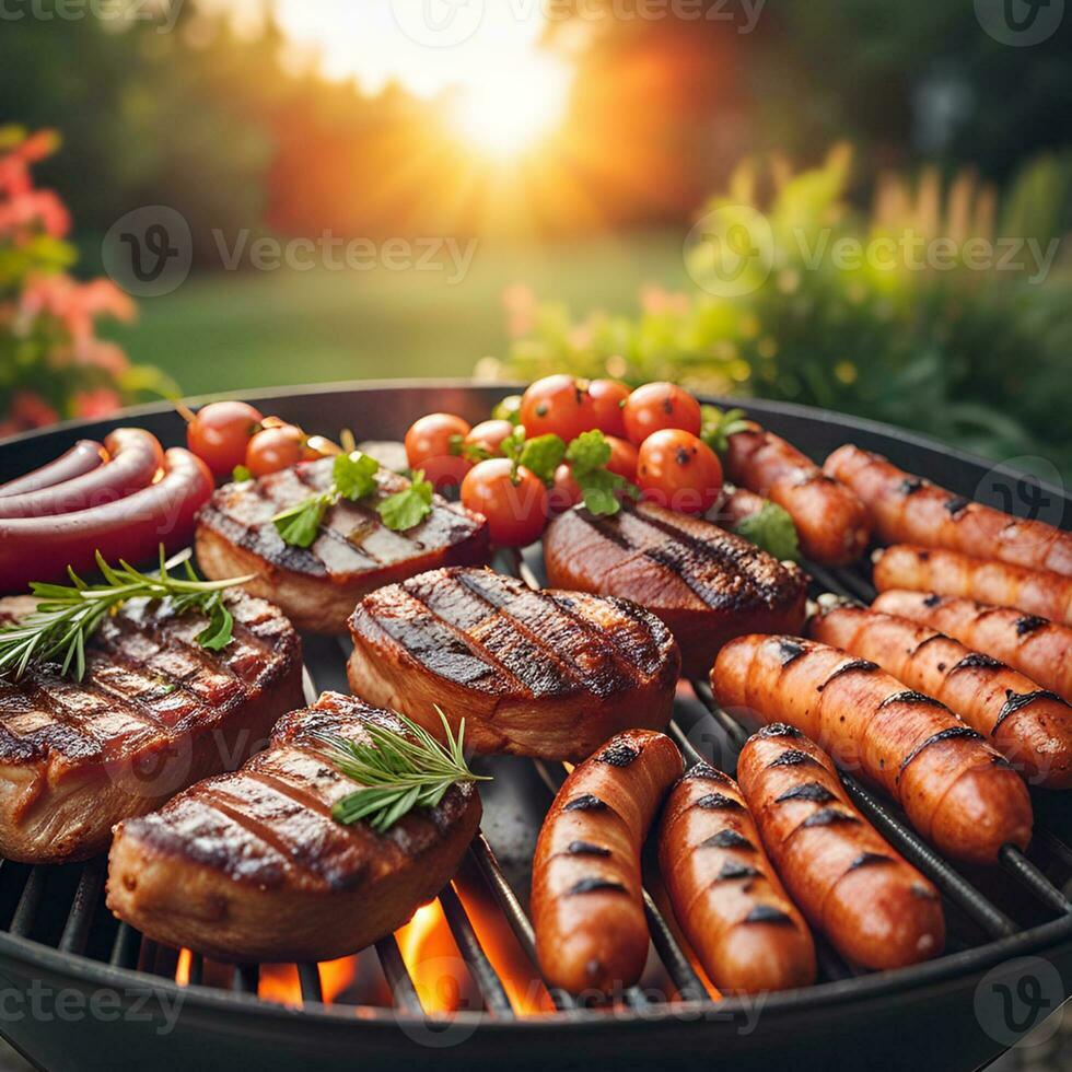 ai gerado fechar-se do uma salsichas e legumes em uma grade. verão jardim às pôr do sol. foto