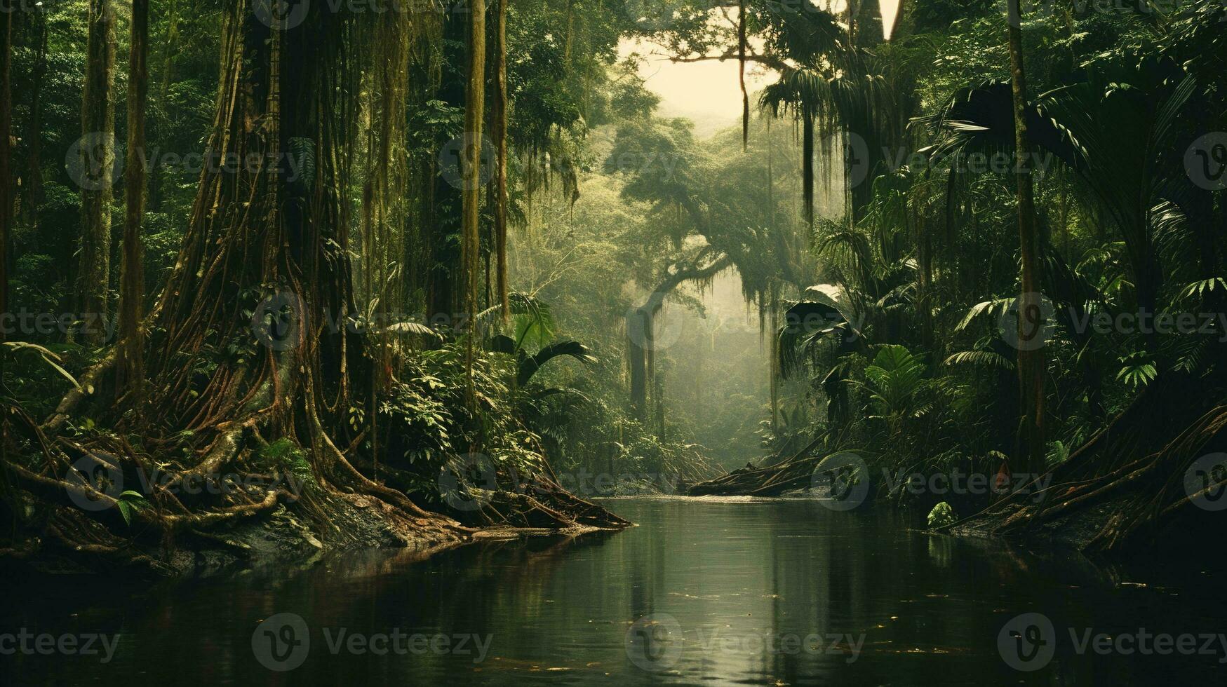 ai gerado generativo ai, amazonense selva nebuloso paisagem, tropical floresta tropical com Palma árvores foto