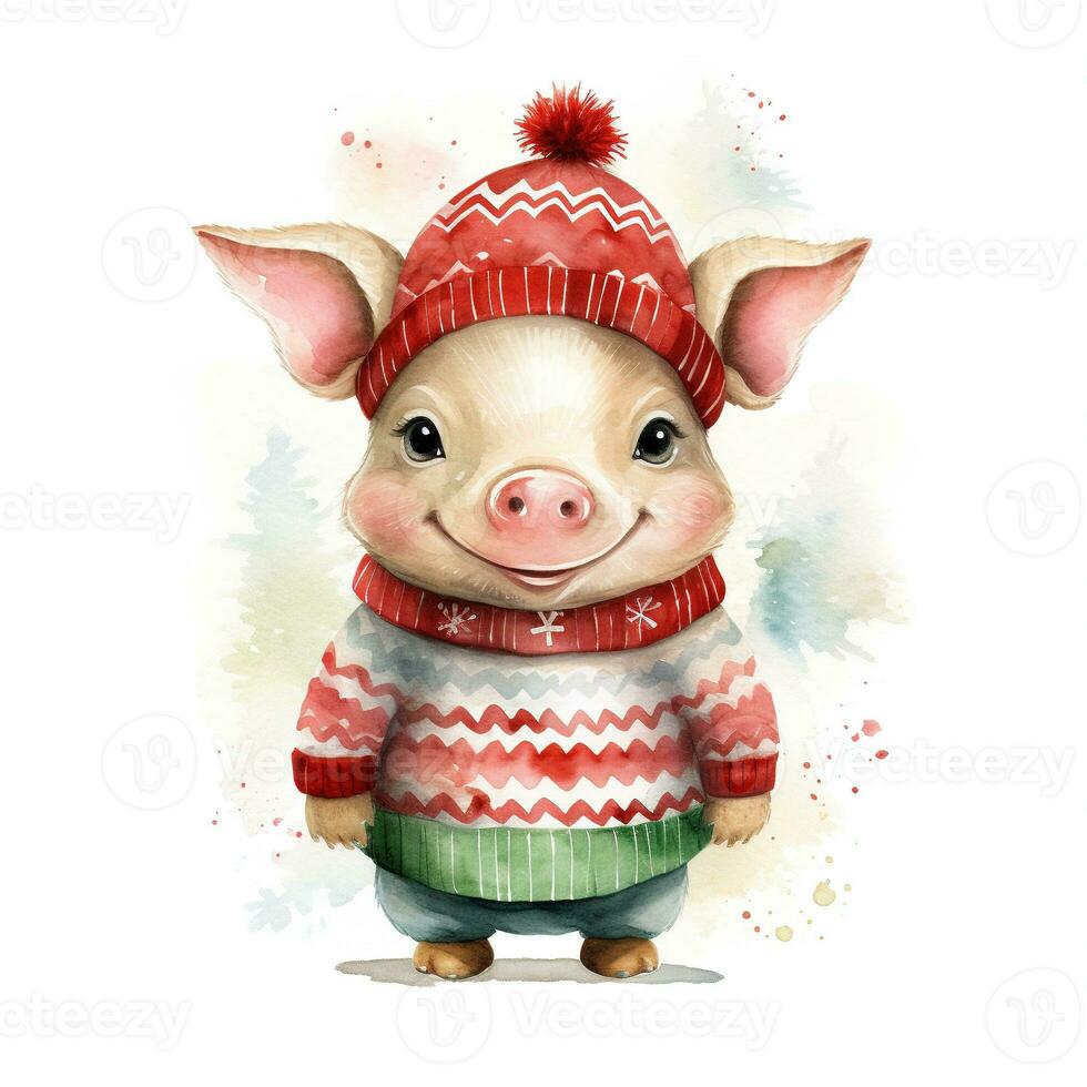ai gerado generativo ai, fofa porco animal, animal dentro Natal chapéu e feio camisolas, aguarela estilo. foto