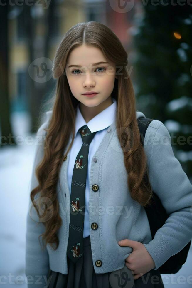 ai gerado uma lindo russo Alto escola aluna menina dentro escola uniforme ao ar livre dentro inverno foto