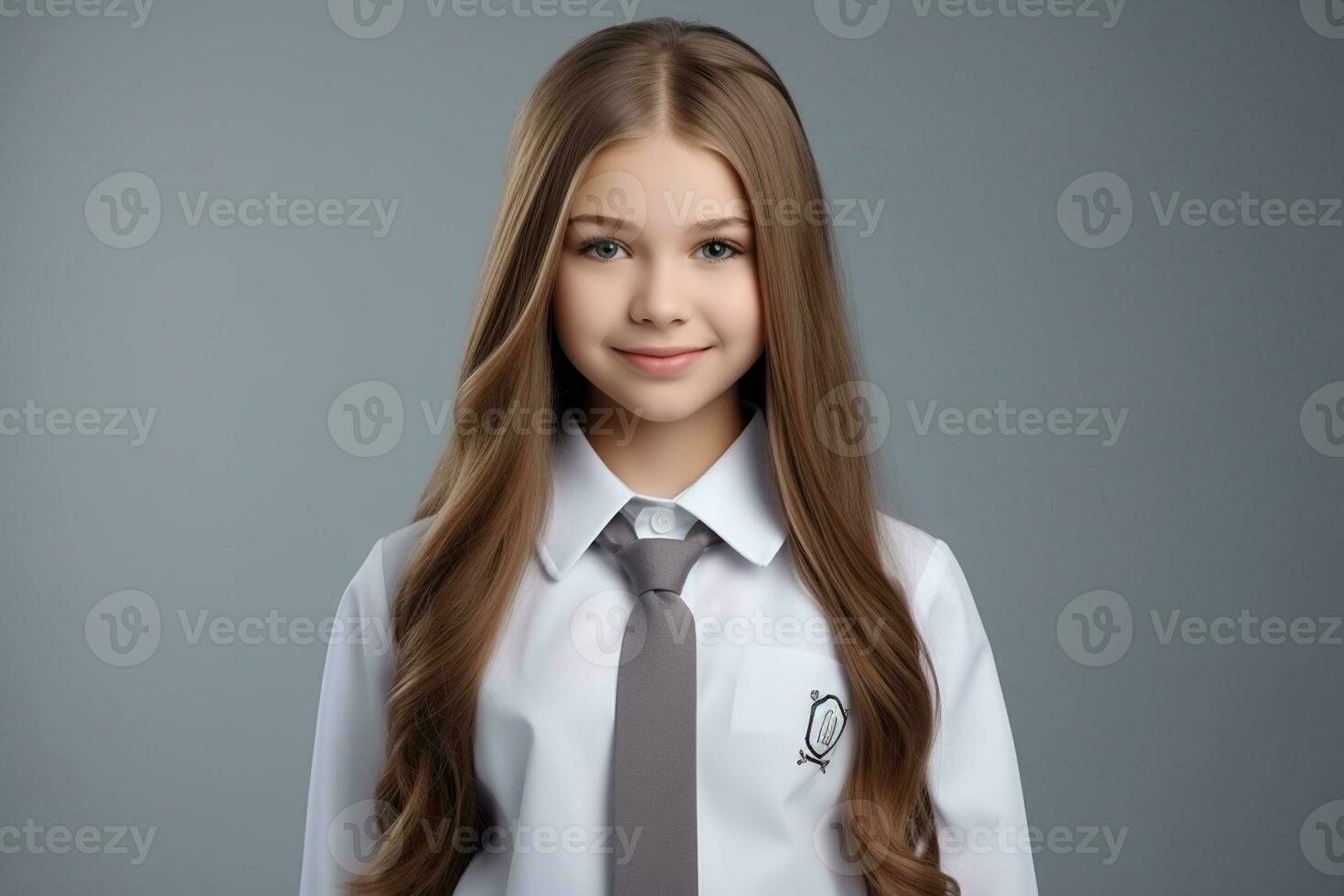 ai gerado uma jovem russo Alto escola aluna menina dentro uma escola uniforme isolado em uma cinzento fundo foto