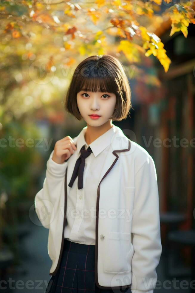ai gerado uma linda jovem japonês Alto escola aluna menina com curto cabelo dentro uma escola uniforme ao ar livre foto
