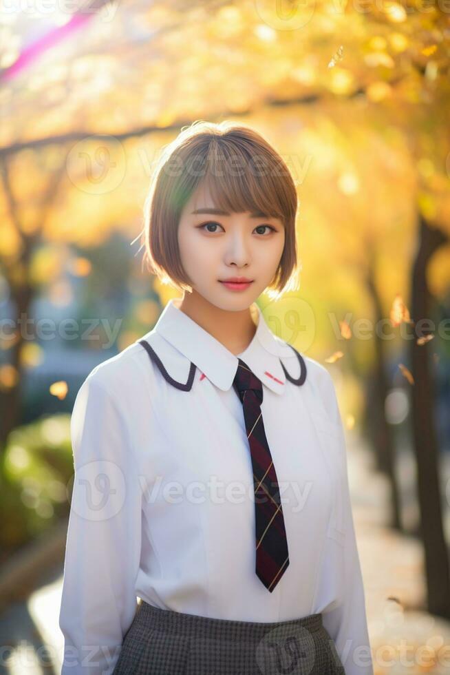 ai gerado uma linda jovem japonês Alto escola aluna menina com curto cabelo dentro uma escola uniforme ao ar livre foto