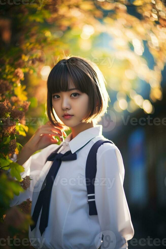 ai gerado uma linda jovem japonês Alto escola aluna menina com curto cabelo dentro uma escola uniforme ao ar livre foto