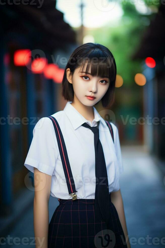 ai gerado uma jovem chinês Alto escola aluna menina com curto cabelo dentro uma escola uniforme foto