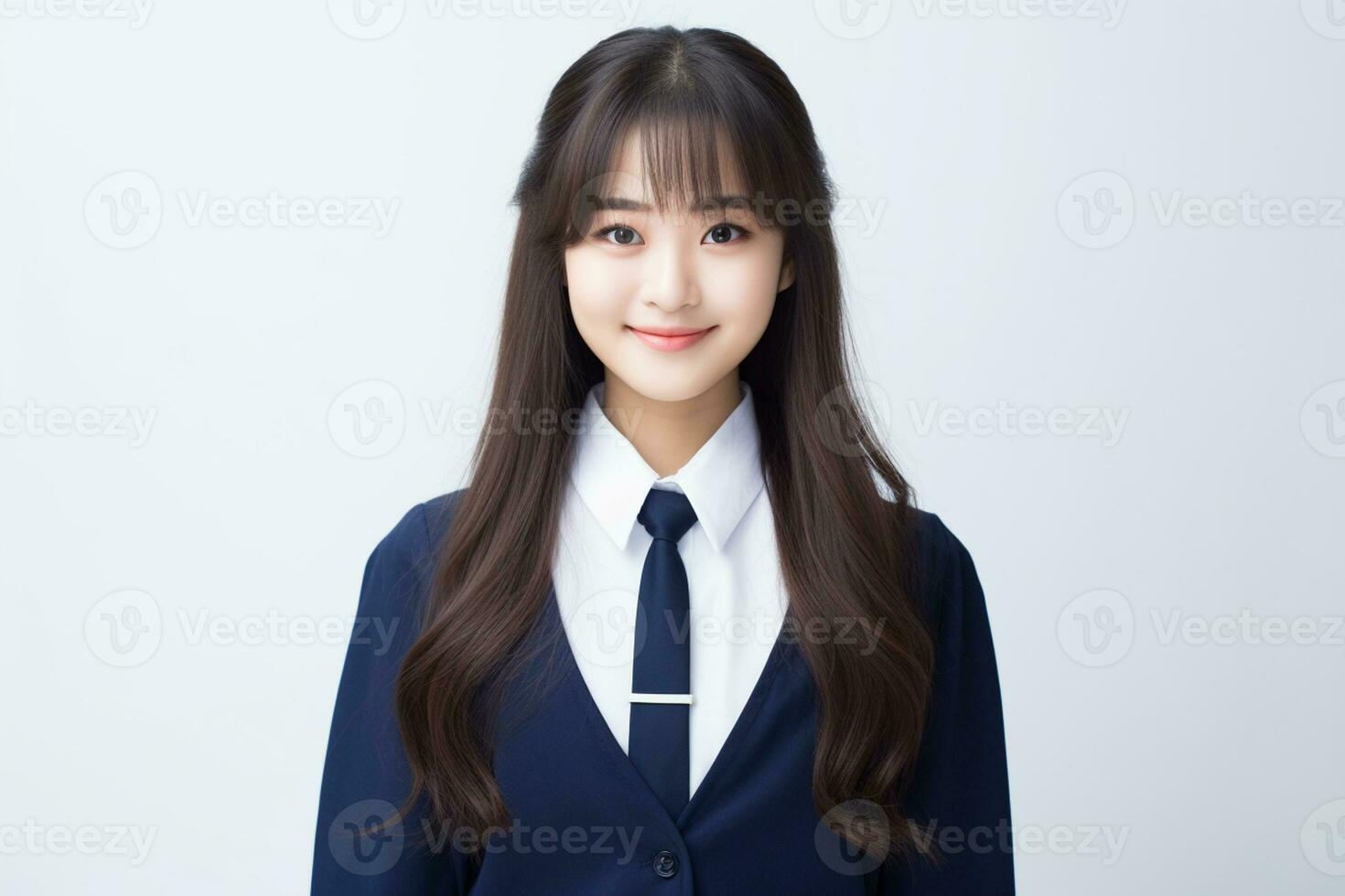 ai gerado retrato do lindo jovem japonês Alto escola aluna menina dentro uma escola uniforme isolado em uma branco fundo foto