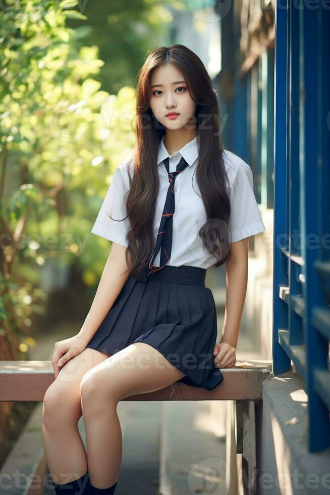 ai gerado uma jovem coreano mulher dentro escola uniforme sentado em uma Banco foto