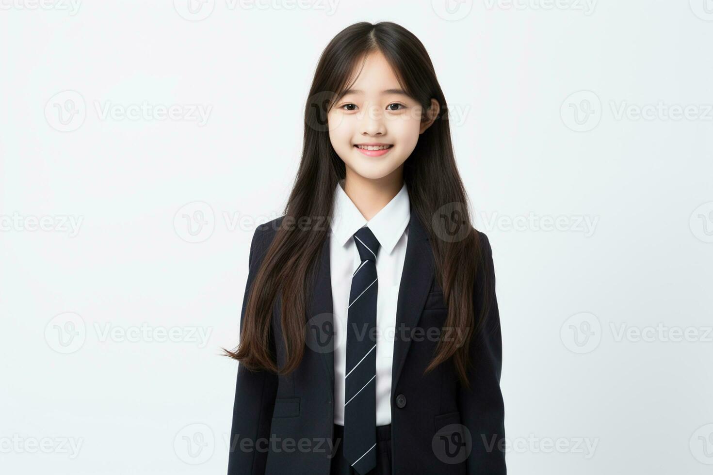 ai gerado retrato do lindo jovem japonês Alto escola aluna menina dentro uma escola uniforme isolado em uma branco fundo foto