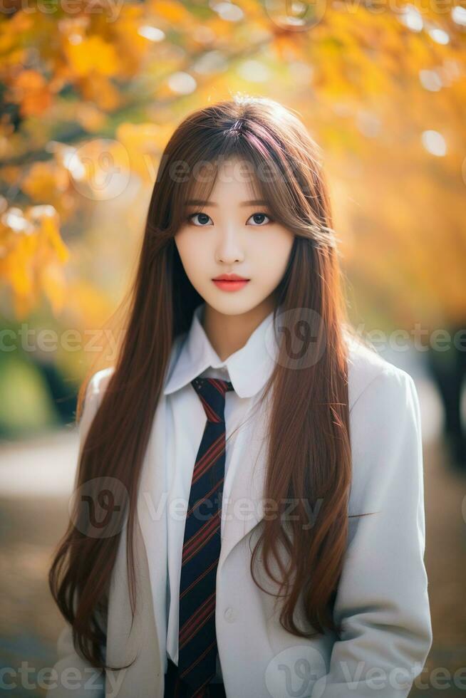 ai gerado retrato do lindo jovem japonês Alto escola aluna menina dentro uma escola uniforme ao ar livre foto