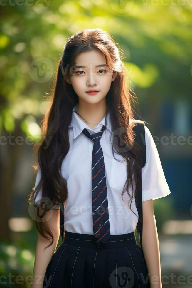 ai gerado uma jovem chinês Alto escola aluna menina com ondulado cabelo dentro uma escola uniforme posando para uma foto