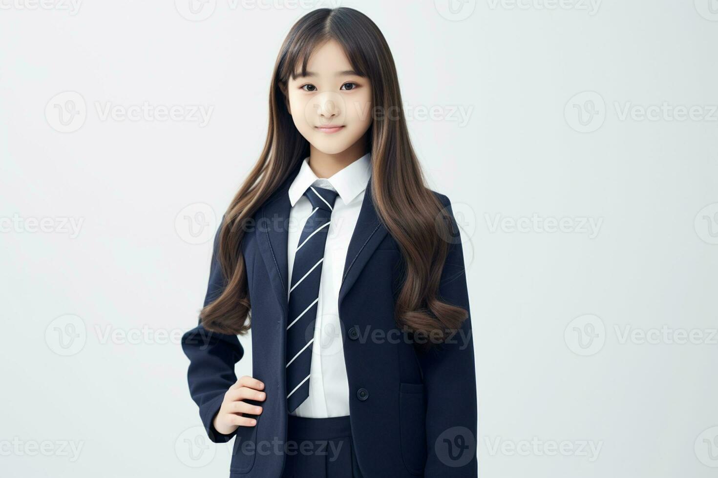 ai gerado retrato do lindo jovem japonês Alto escola aluna menina dentro uma escola uniforme isolado em uma branco fundo foto