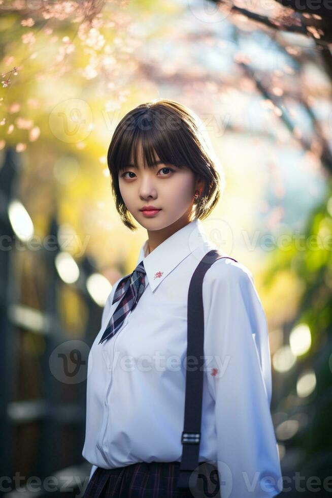 ai gerado uma linda jovem japonês Alto escola aluna menina com curto cabelo dentro uma escola uniforme ao ar livre foto