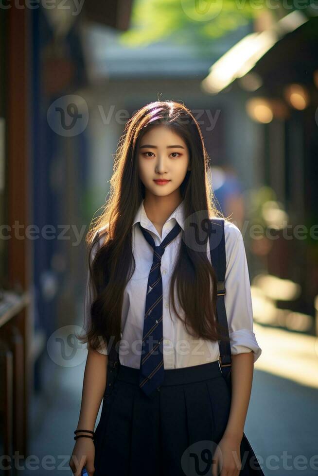 ai gerado uma lindo jovem coreano Alto escola aluna menina dentro uma escola uniforme ao ar livre foto