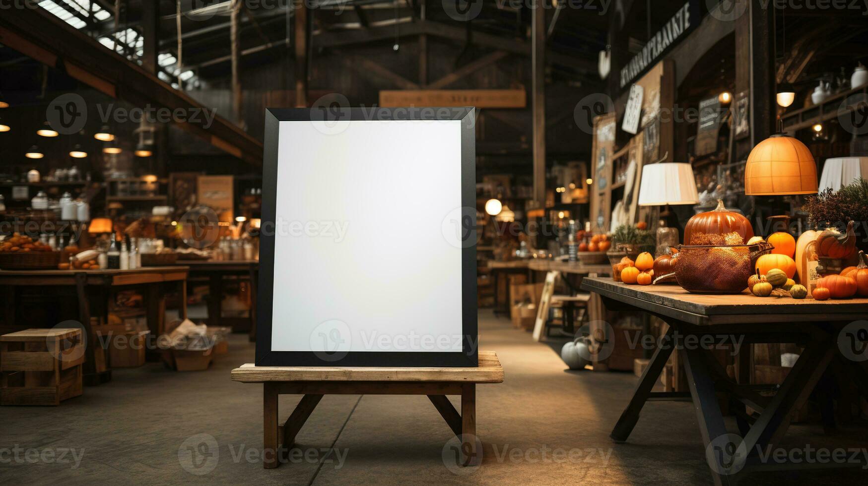 ai gerado generativo ai, poster ou tabuleta zombar acima para logotipo projeto, marca apresentação em borrado Comida mercado fundo foto