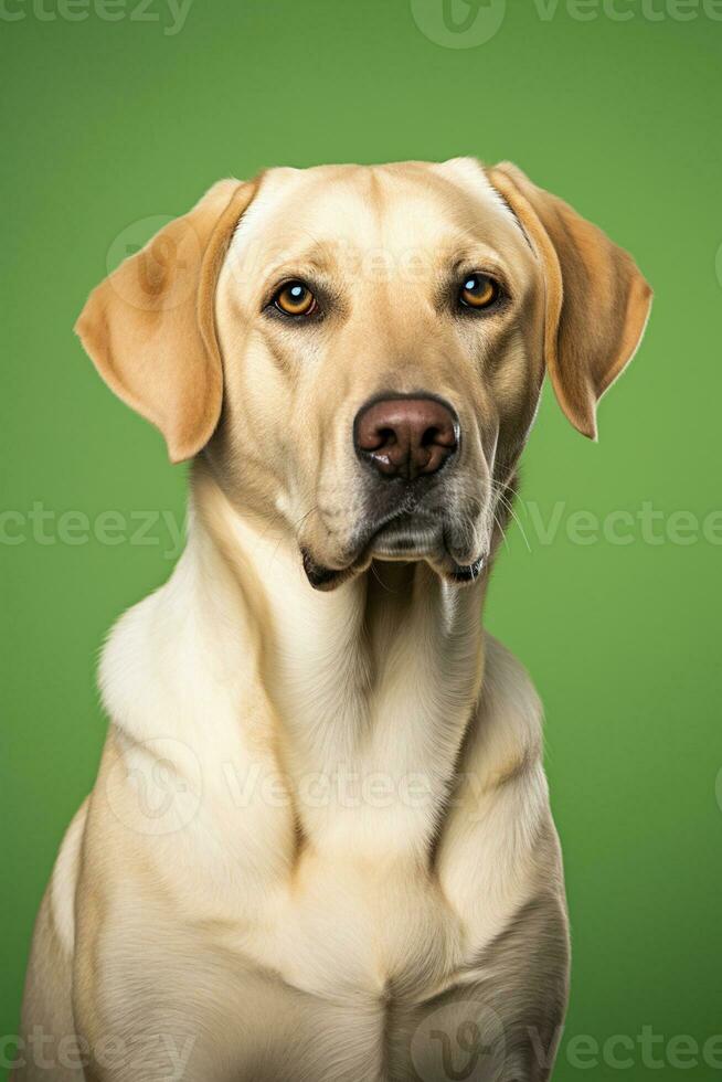 ai gerado retrato do labrador retriever cachorro sentado em uma verde fundo, estúdio foto. foto