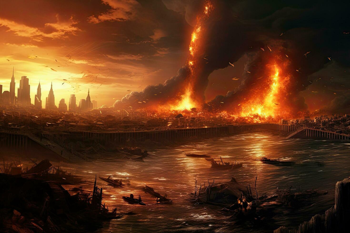 ai gerado conceptual imagem do uma natural desastre com uma queimando cidade dentro a fundo, mundo colapso, Apocalipse cena, digital pintura, ai gerado foto
