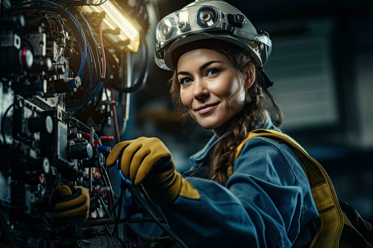 ai gerado retrato do jovem fêmea engenheiro dentro capacete e óculos trabalhando dentro poder plantar, mulher profissional engenheiro, elétrico especialista, ai gerado foto