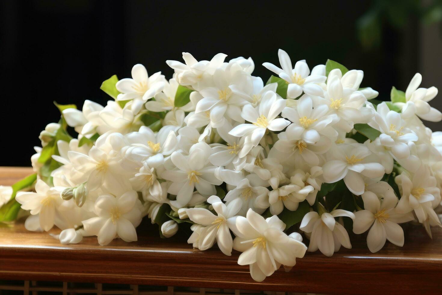 ai gerado lindo jasmim flores em uma de madeira estante dentro a sala, branco jasmim flores fresco flores natural, ai gerado foto