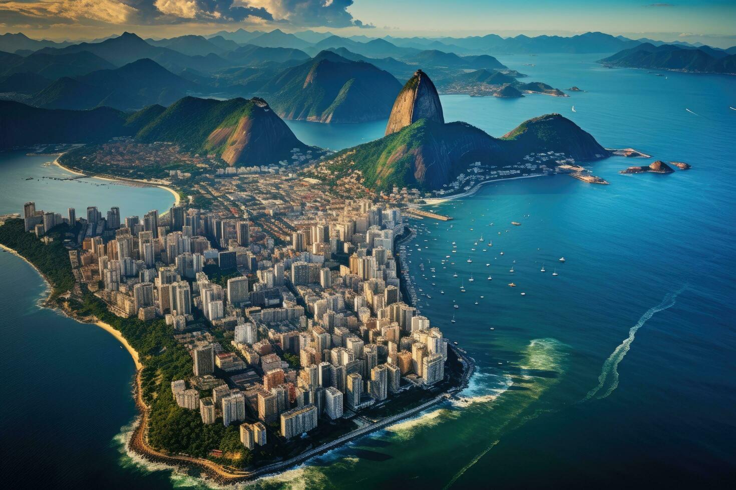 ai gerado aéreo Visão do rio de janeiro com pão de Açucar montanha, brasil, aéreo Visão do rio de janeiro, ai gerado foto