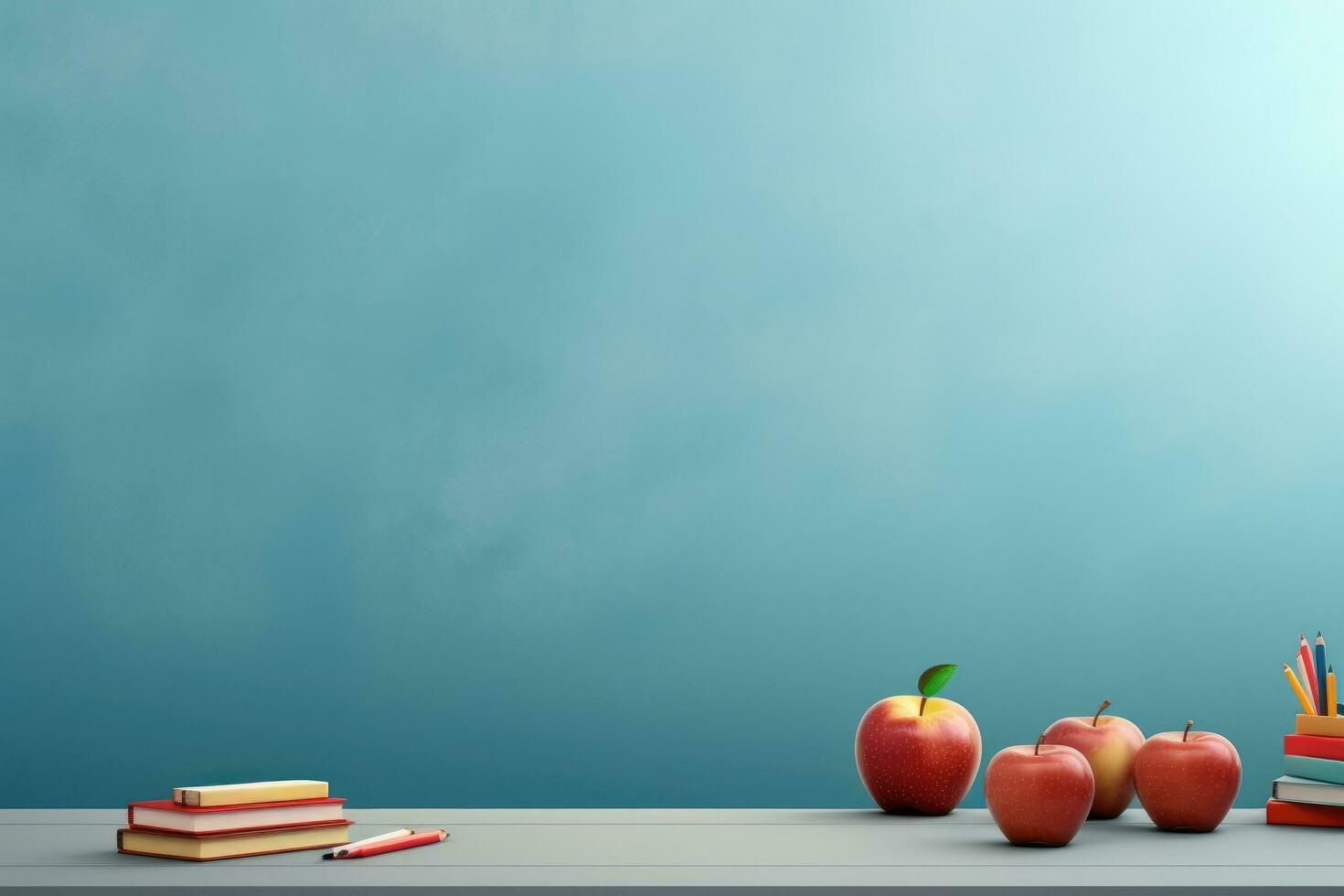 ai gerado costas para escola conceito com maçã e livros em mesa sobre azul fundo, costas para escola Educação bandeira fundo, ai gerado foto