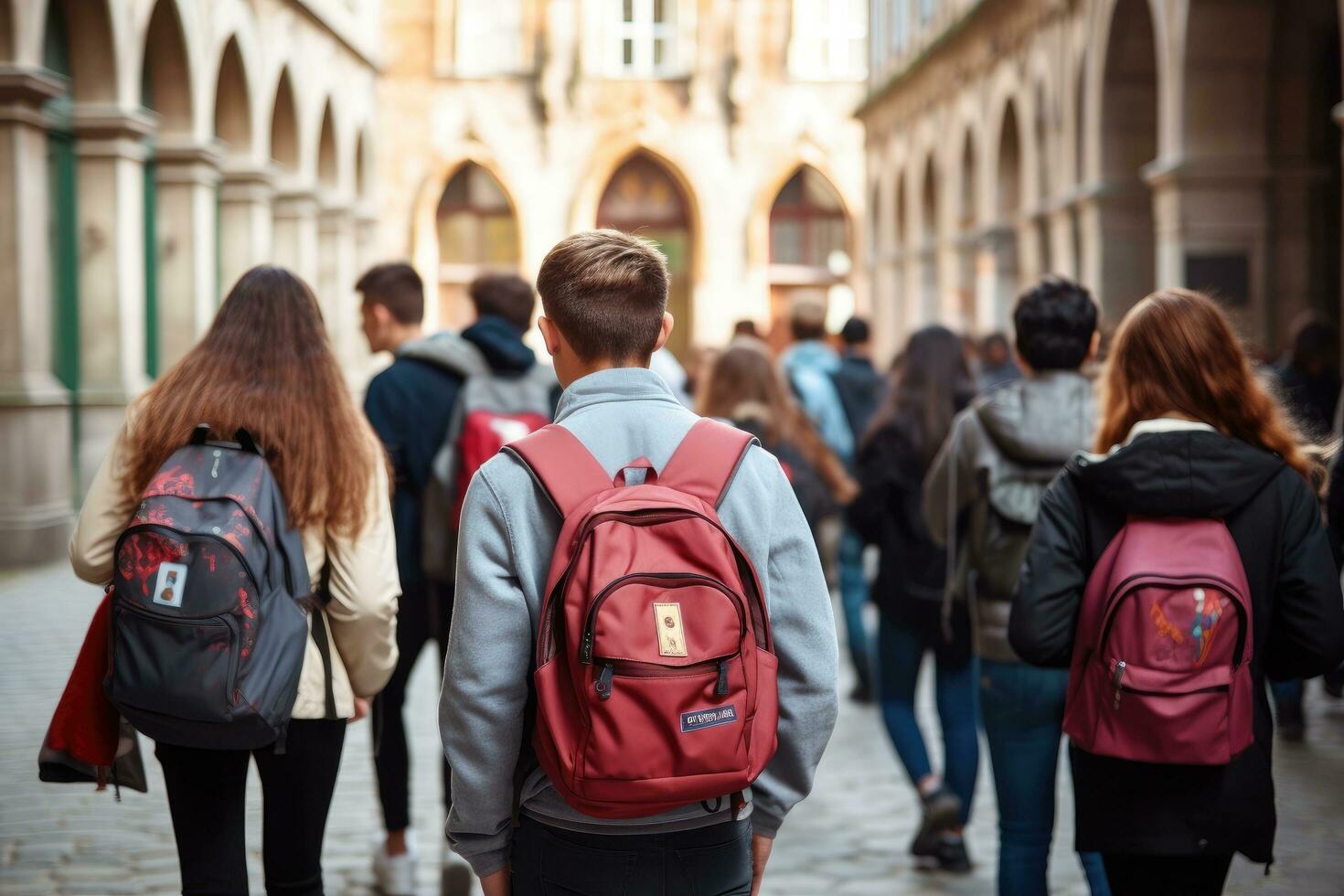 ai gerado costas Visão do uma grupo do jovem pessoas com mochilas caminhando dentro a cidade, costas Visão do uma grupo do alunos com mochilas caminhando em a rua, uma grupo do Alto escola crianças com foto