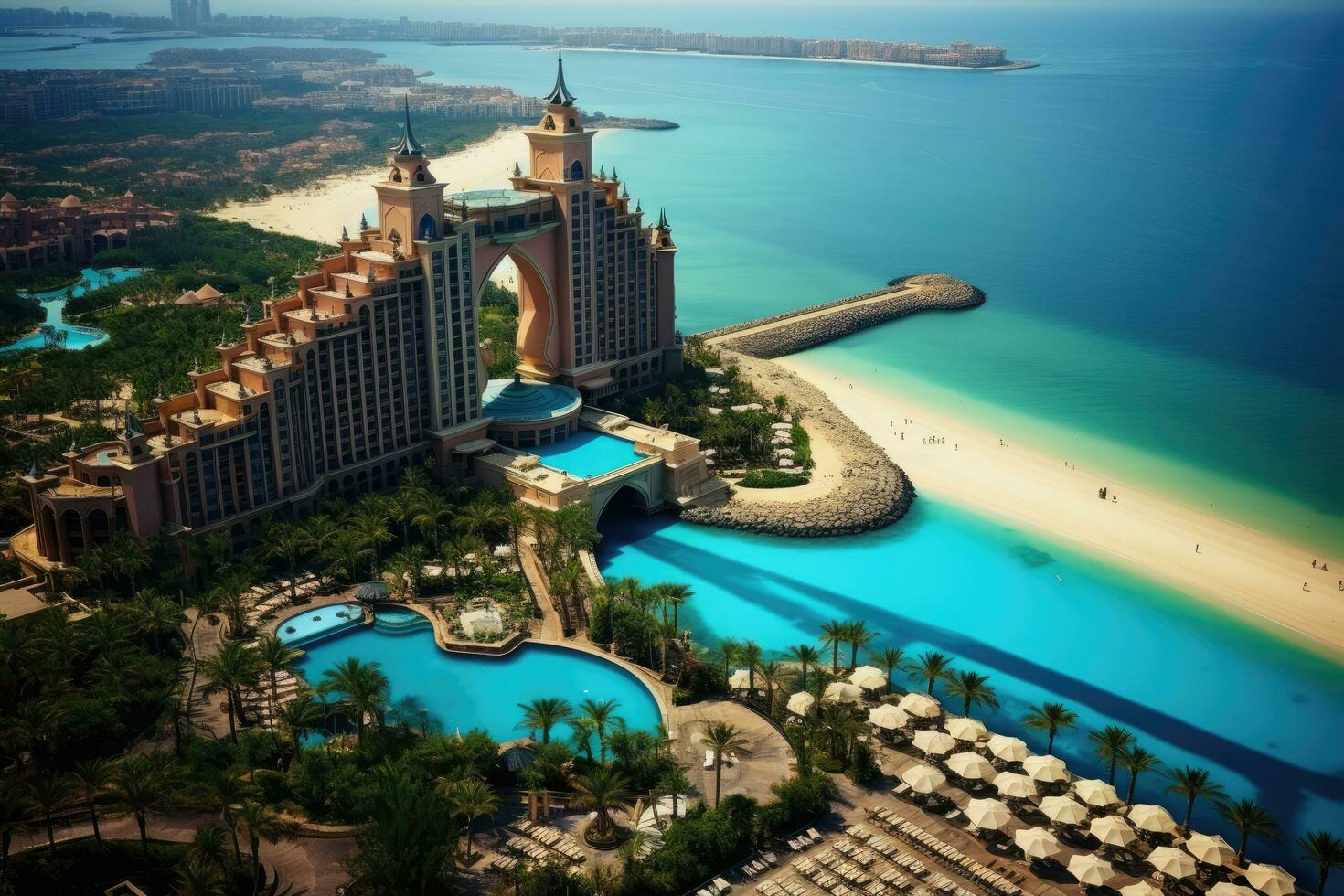 ai gerado aéreo Visão do luxo hotel dentro dubai, Unidos árabe emirados, Atlantis hotel dentro dubai, uae, Visão com a de praia e mar, ai gerado foto