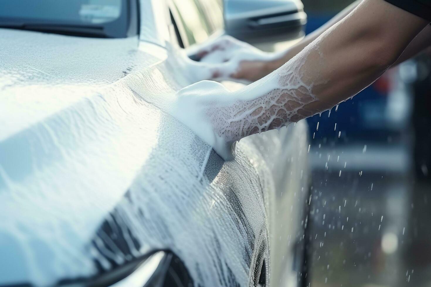 ai gerado mulher lavando dela carro dentro uma carro lavar, fechar-se, auto carro lavar com branco Sabonete e espuma em a corpo, ai gerado foto