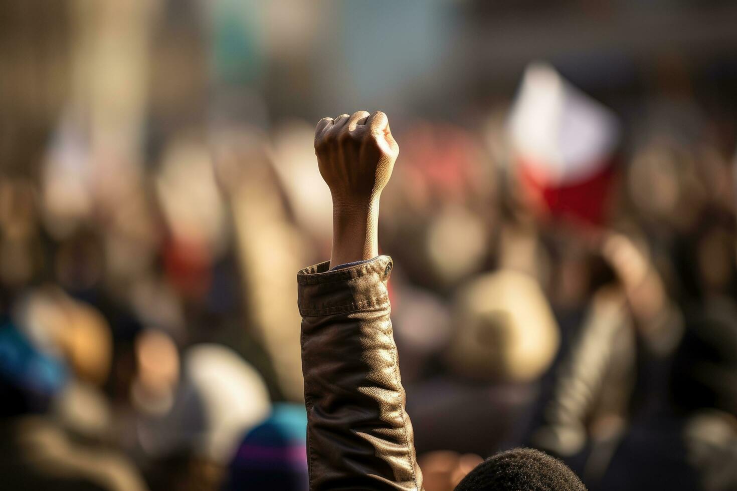 ai gerado protesto contra a governo dentro Paris, França. manifestantes elevado seus mãos acima, uma elevado punho do uma manifestante às uma político demonstração, ai gerado foto