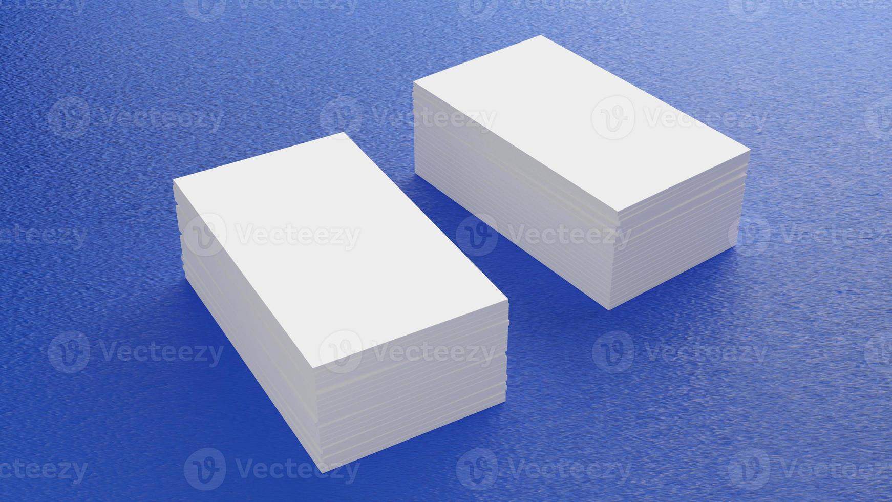 maquete de cartão de visita branco empilhamento no chão azul. conceito de fundo de objeto de material de escritório para impressão de modelo de apresentação de marca. Tampa em branco vazia de tamanho de papel de 3,5 x 2 polegadas. Renderização de ilustração 3D foto