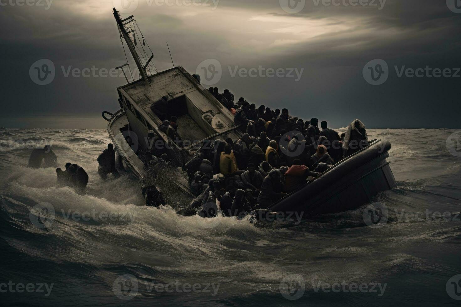 ai gerado viagem homem clima azul ilha céu naufrágio segurança barco pessoa onda pescaria embarcação foto