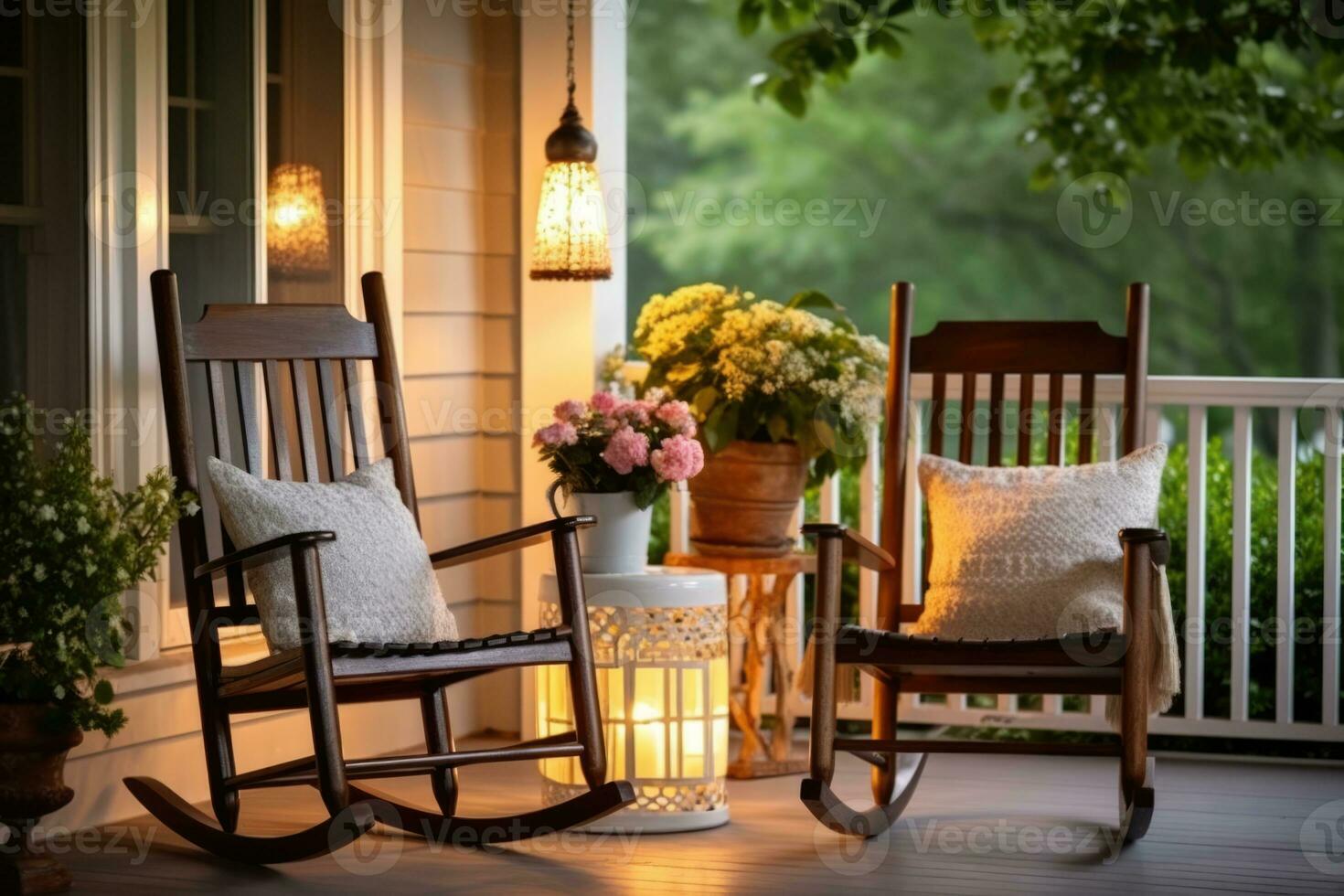 ai gerado jardim Primavera casa relaxamento casa pátio decoração mesa varanda terraço verão natureza cadeira foto