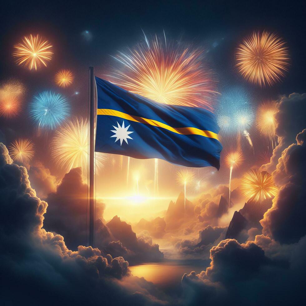 ai gerado nauru bandeira com fogos de artifício e cidade fundo foto