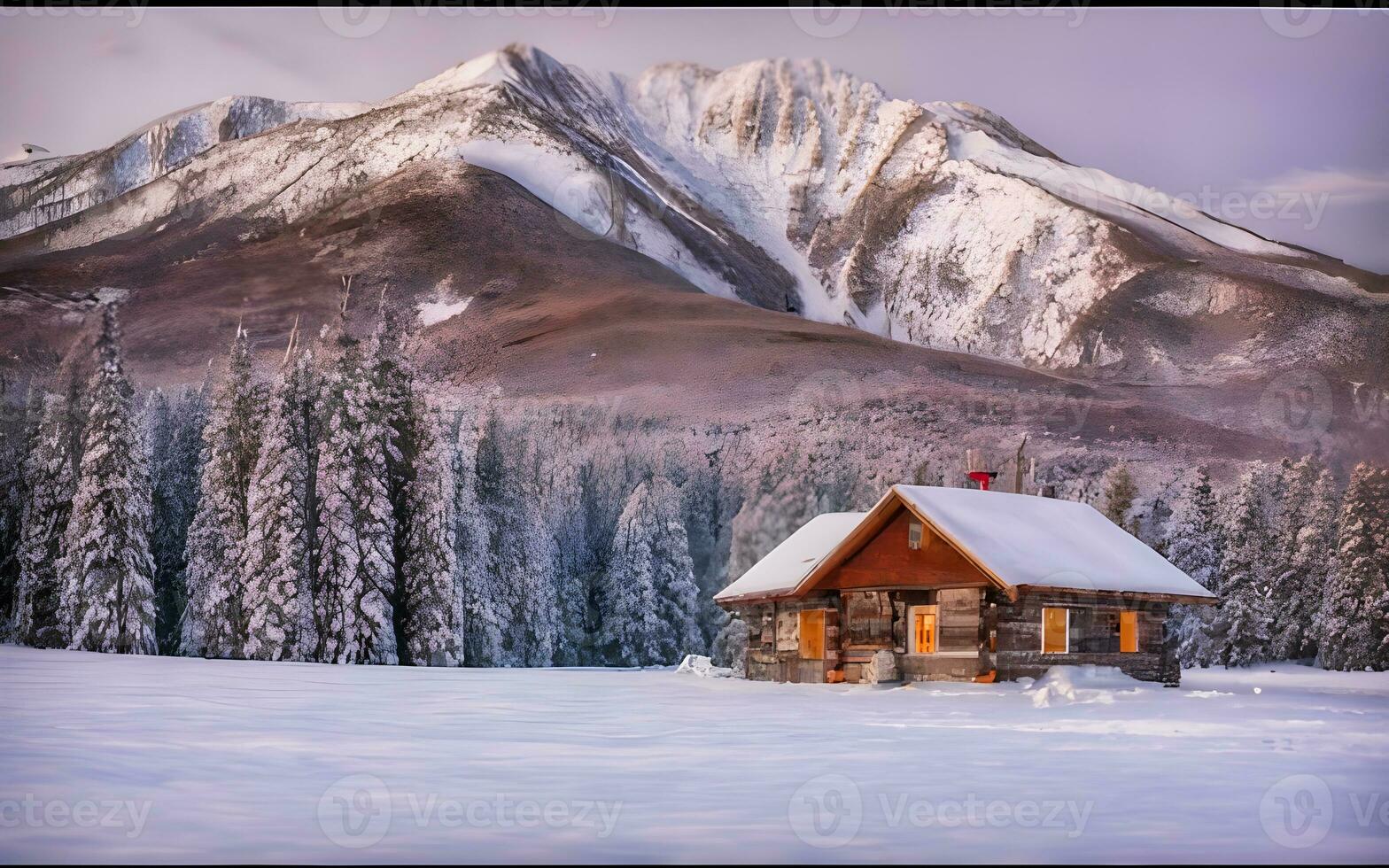 ai gerado inverno país das maravilhas retiro, uma tranquilo cabine dentro a coração do Nevado majestade foto