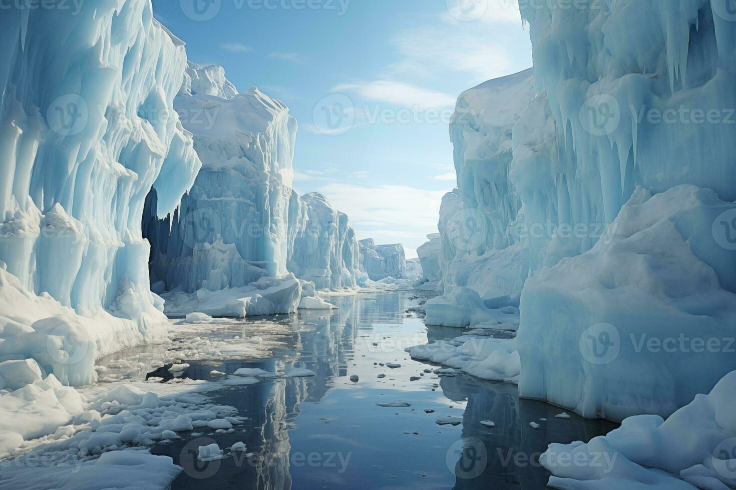 ai gerado ártico paisagem marítima, mar passagem entre icebergs foto