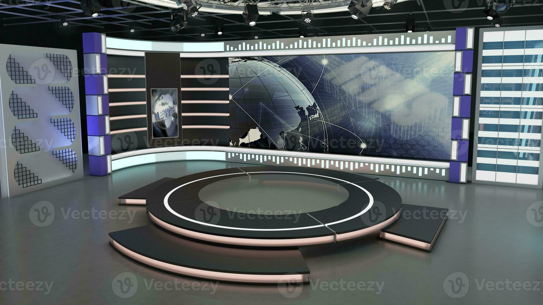 virtual televisão estúdio definir. verde tela fundo. 3d Renderização foto