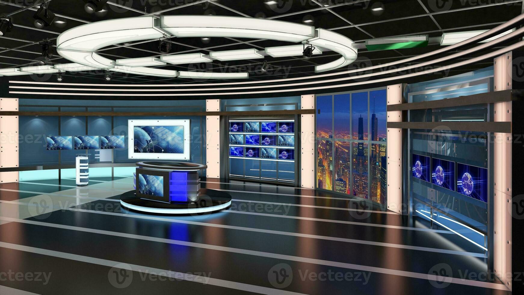 virtual televisão estúdio definir. verde tela fundo. 3d Renderização foto