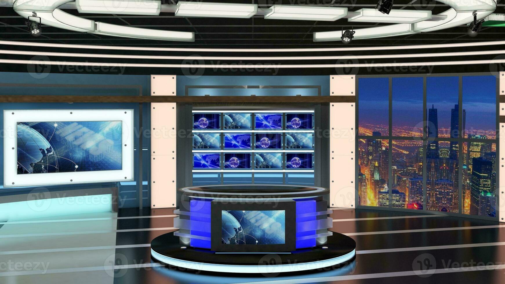 virtual televisão estúdio definir. verde tela fundo. 3d Renderização foto