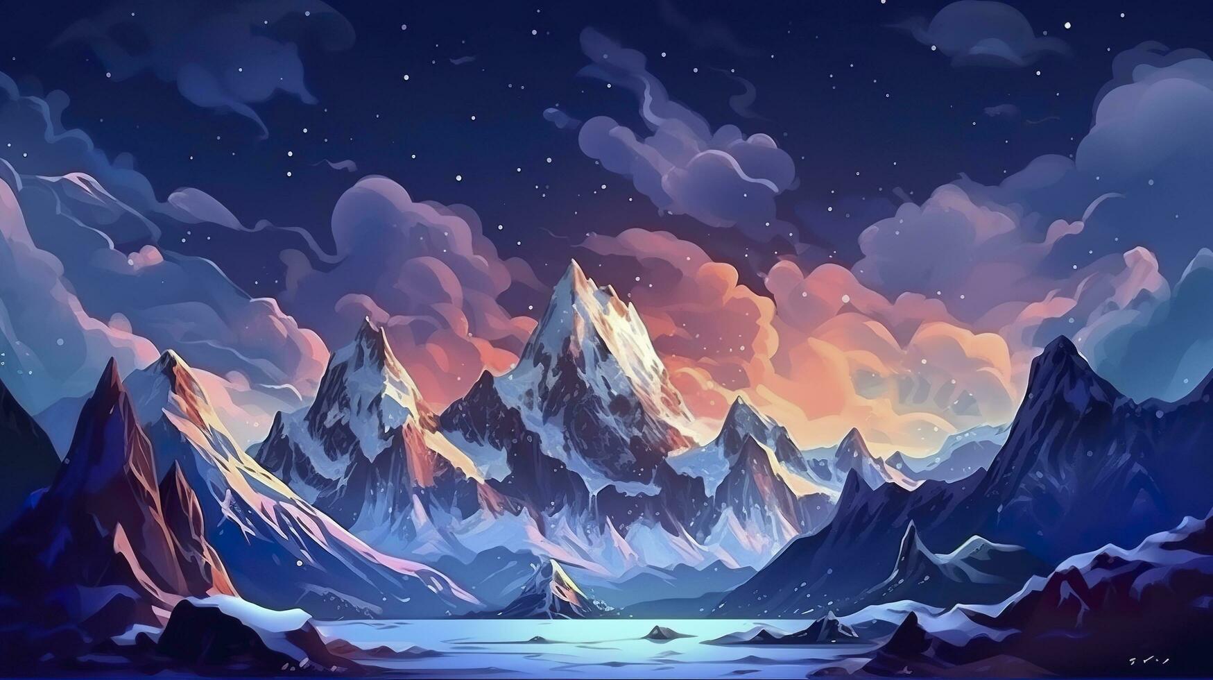 ai gerado neve picos e geleiras em a Sombrio céu panorama ilustração. ai generativo foto