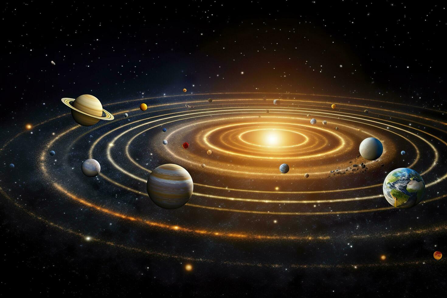 ai gerado nosso 3d solar sistema com planetas dentro órbitas caminho. ai generativo foto
