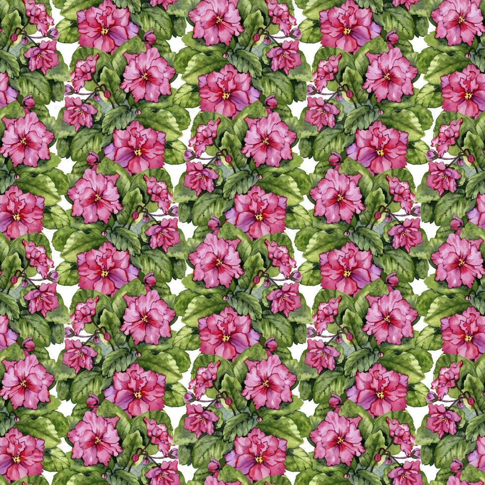 lindo floral fundo com roxa viola flores e folhas. desatado botânico padronizar. aguarela pintura. mão pintado ilustração. papel de parede, têxtil Projeto. foto