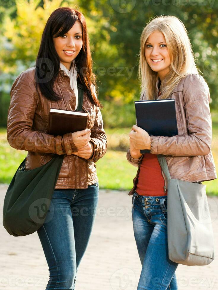 dois jovem aluna meninas com livros dentro a parque foto