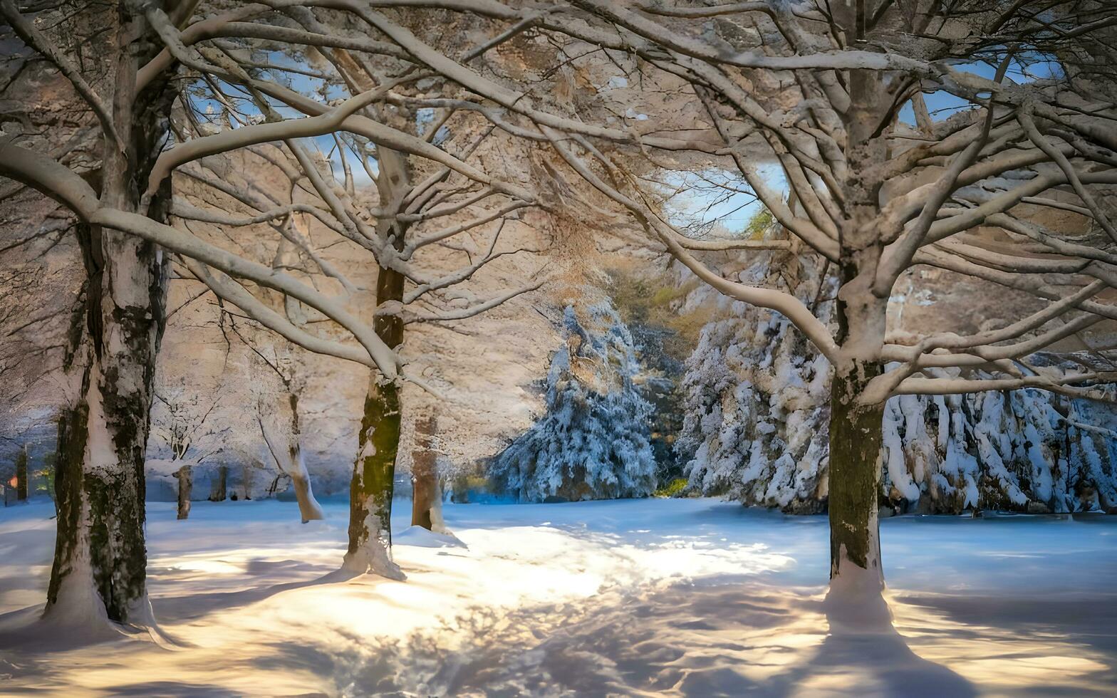 ai gerado inverno sussurros, encantador beijado pela neve bosque panorama captura a majestoso beleza do uma sereno congeladas floresta cena foto