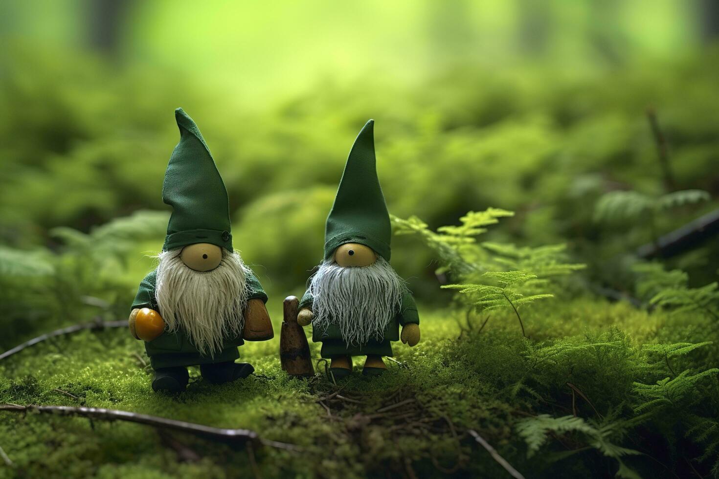 ai gerado brinquedo irlandês gnomos dentro uma mistério floresta, abstrato verde natural fundo. generativo ai foto