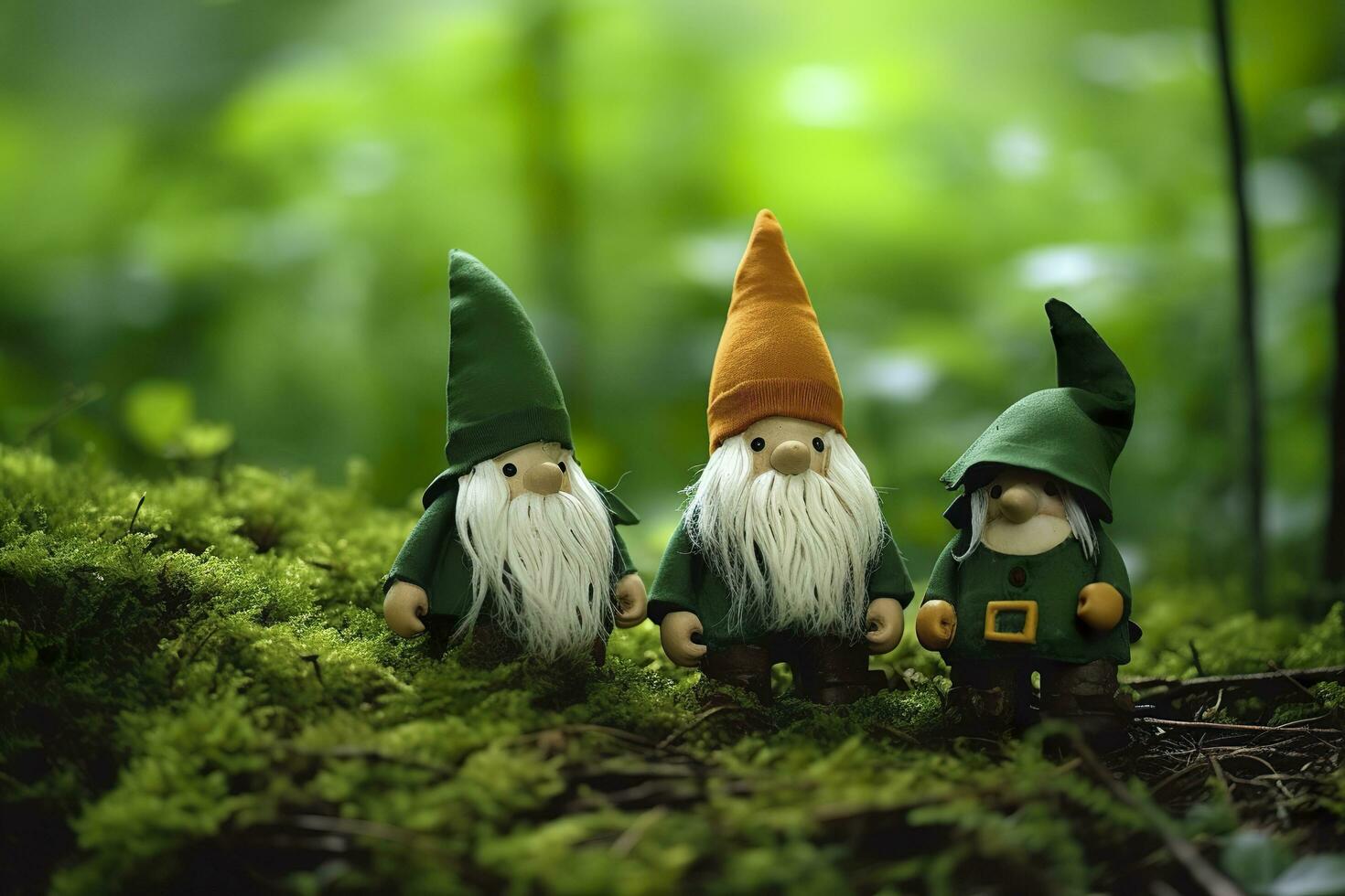 ai gerado brinquedo irlandês gnomos dentro uma mistério floresta, abstrato verde natural fundo. generativo ai foto