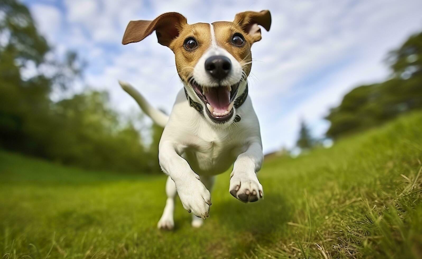 ai gerado jack Russel pároco cachorro corre em direção a a Câmera baixo ângulo Alto Rapidez tomada. ai gerado foto