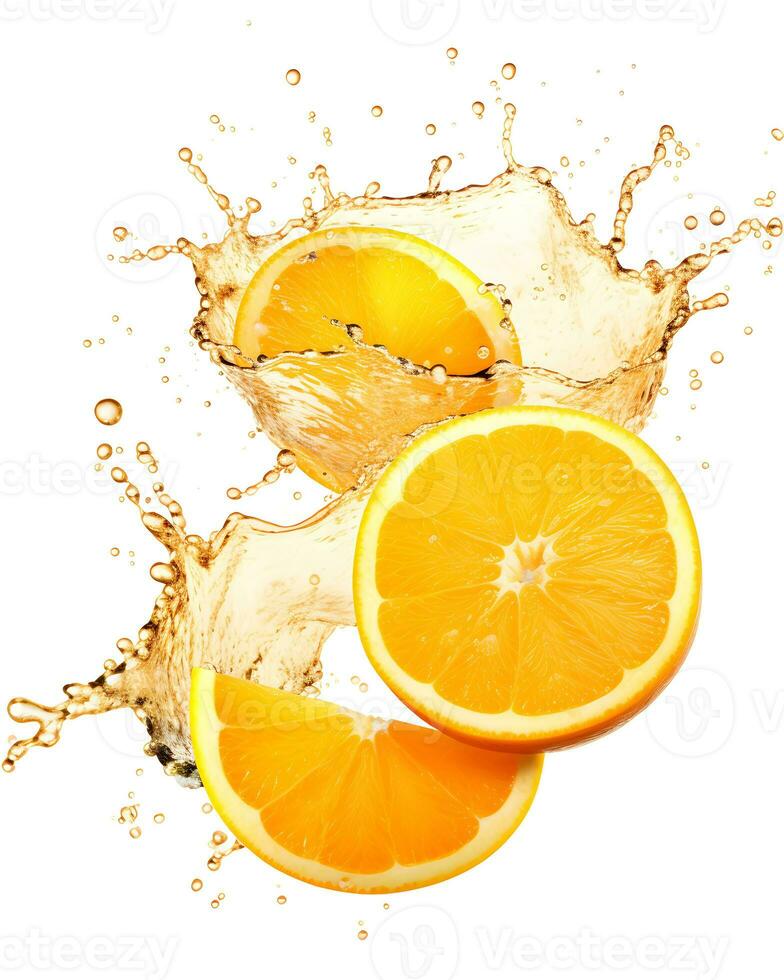 ai gerado queda fresco laranja com respingo do água Alto detalhe em branco fundo foto