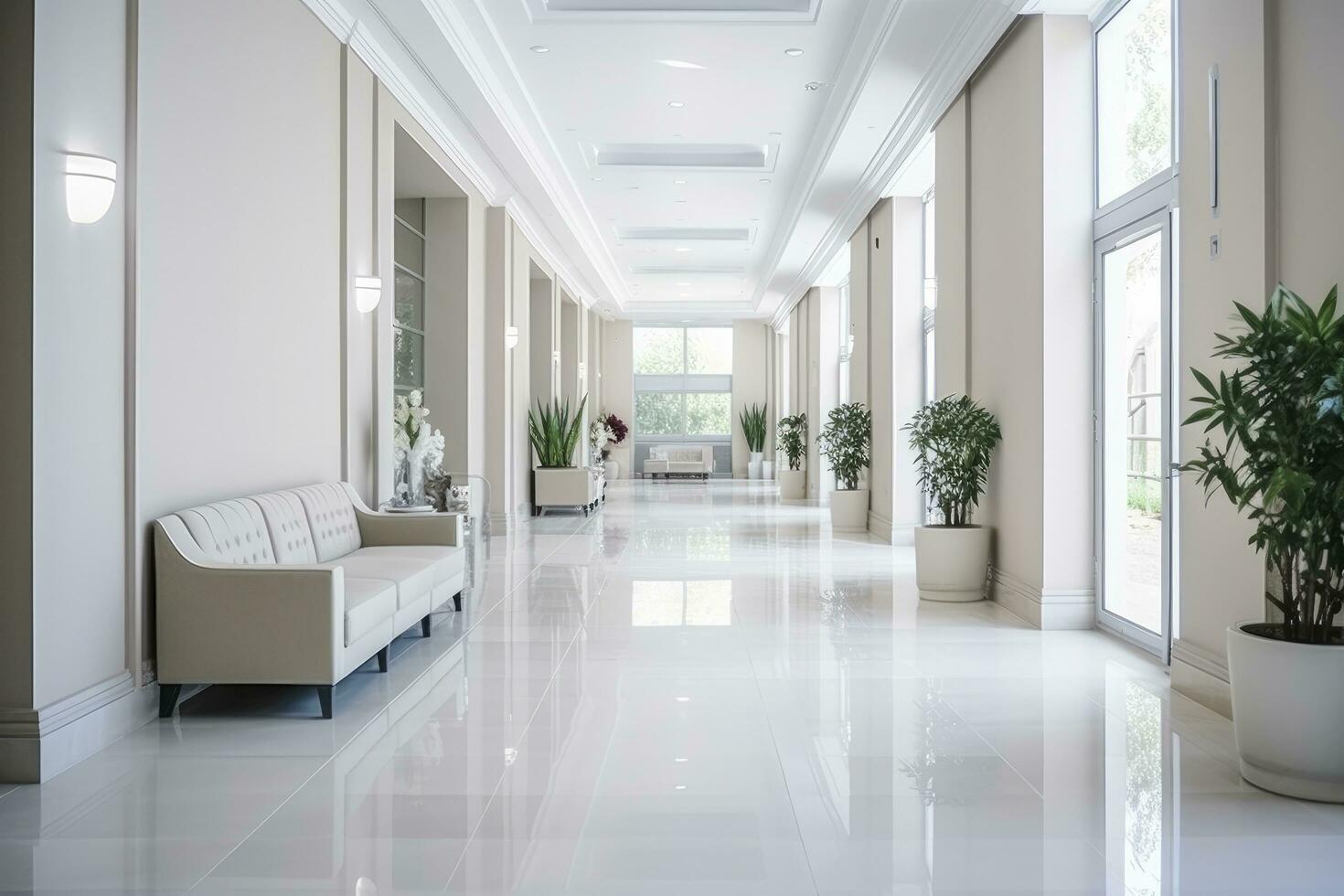 ai gerado interior Projeto do uma moderno luxuoso branco construção corredor ou corredor com esperando assento. ai gerado foto