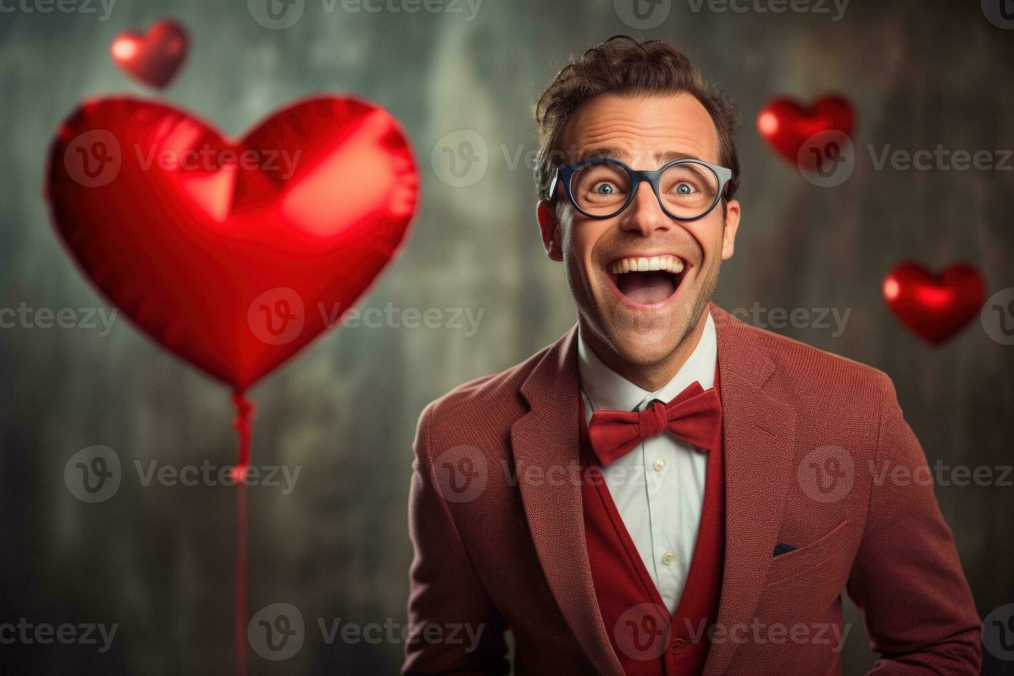ai gerado retrato do uma feliz homem com uma vermelho coração em dia dos namorados dia conceito. foto